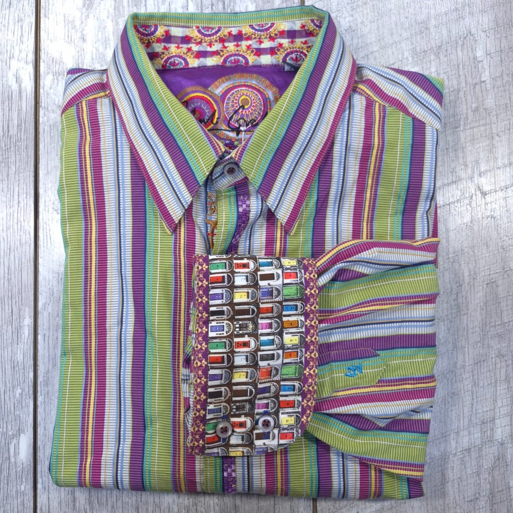 Robert Graham Button Shirt Mens Large Multi Color Striped Flip Cuff Embroidered